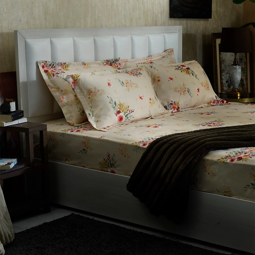 Cotton bed sheet set in butternut cream with floral print and matching pillowcases