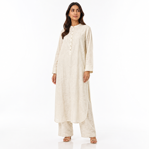 Cream women's 2-piece summer suit set, long tunic with buttons and matching trousers