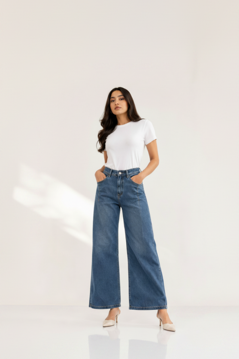 Women's blue denim wide-leg trousers with button fly and belt loops, full length