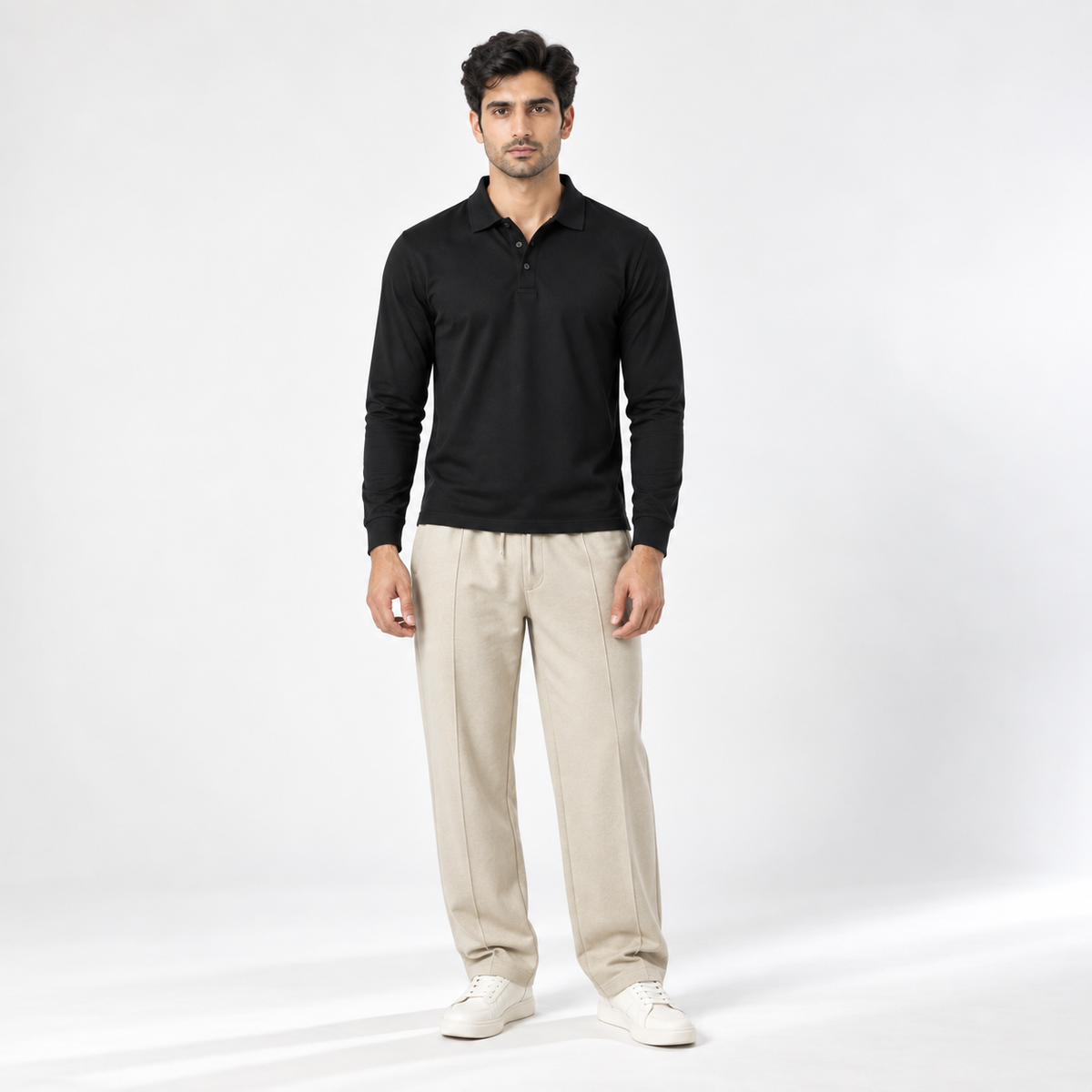 Men's khaki pull-on trousers with elastic waist, straight legs, and side pockets