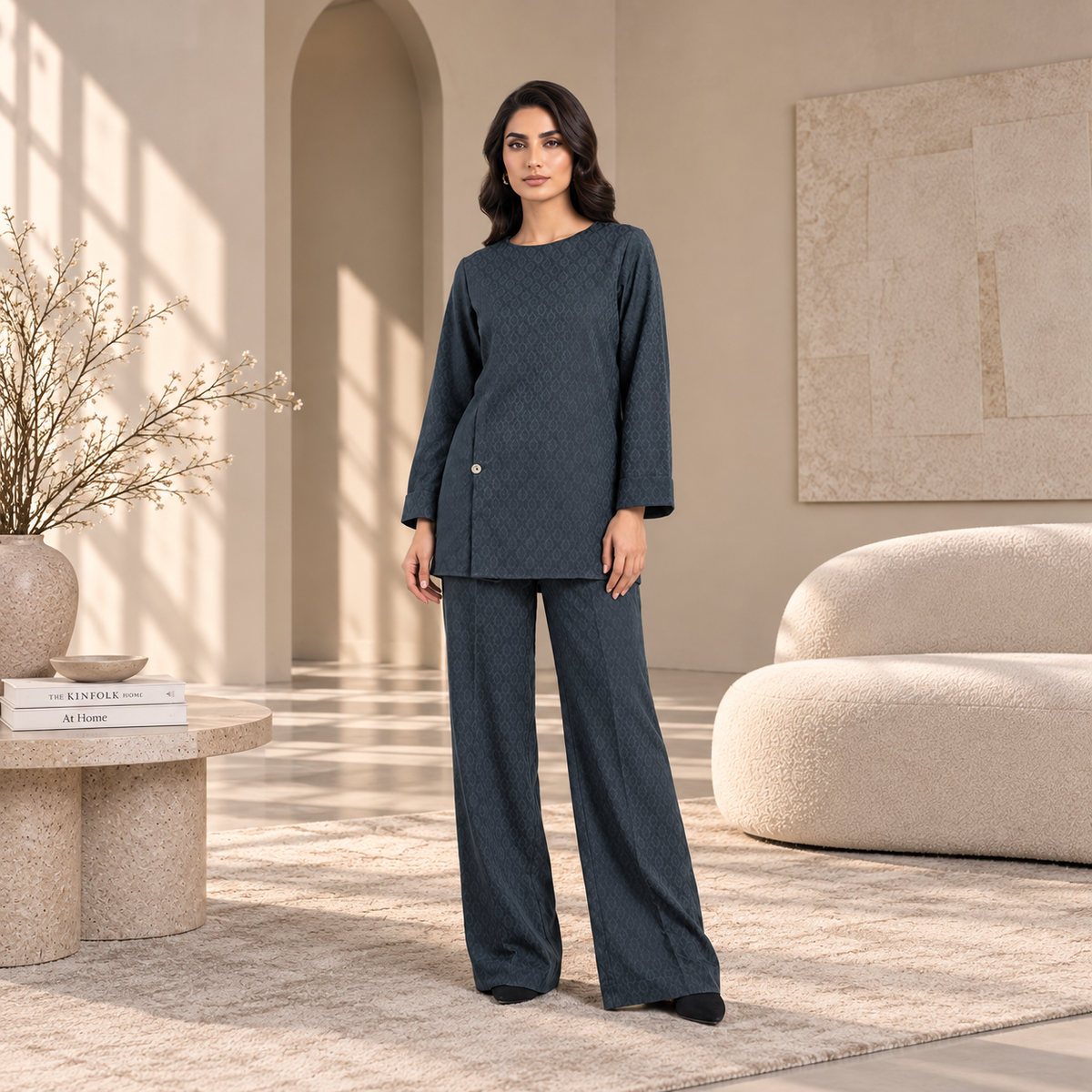 Women's teal blue knit co-ord set with long-sleeve top and wide-leg trousers