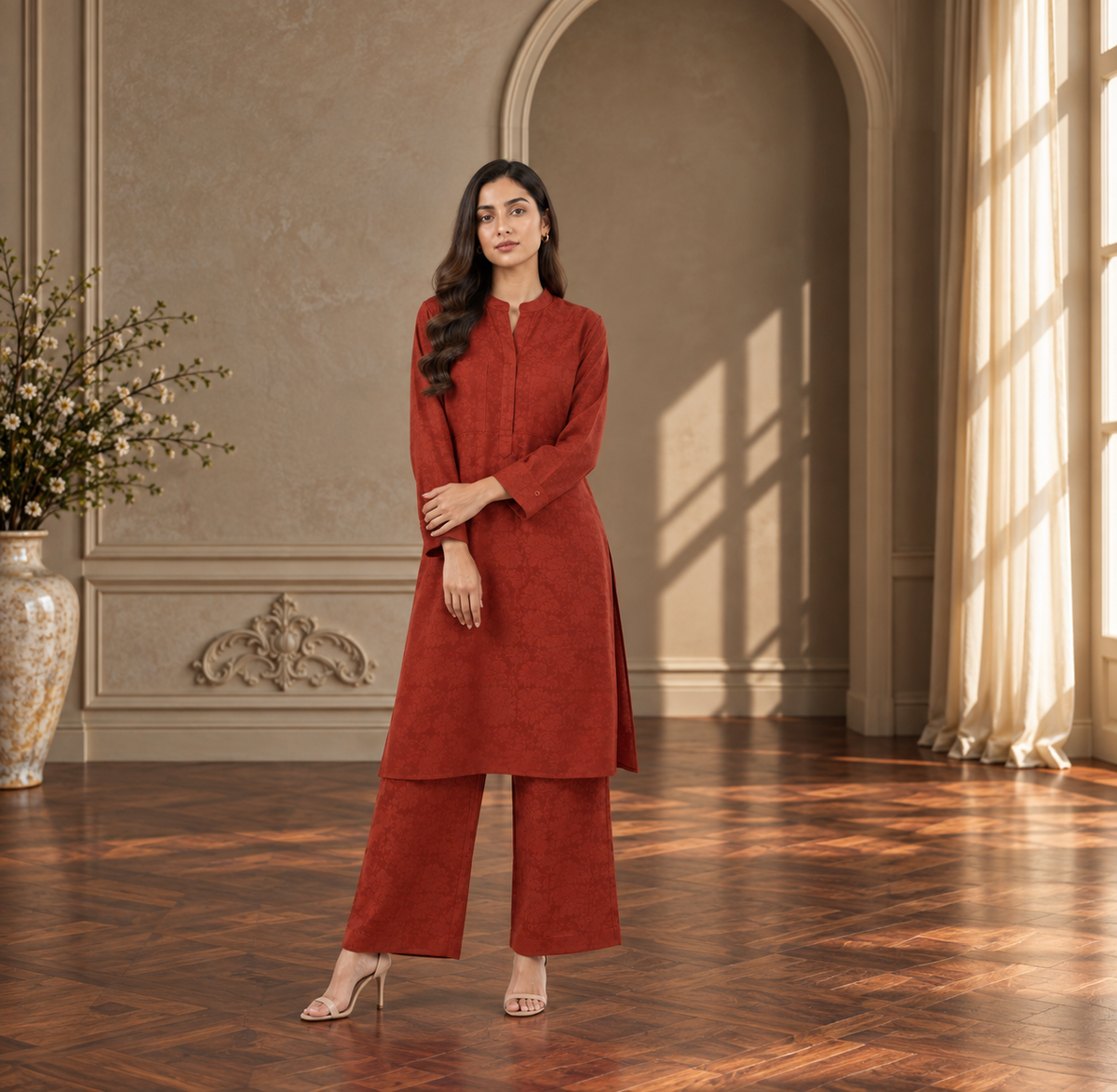 Burnt orange women's co-ord set: long-sleeve tunic and wide-leg pants