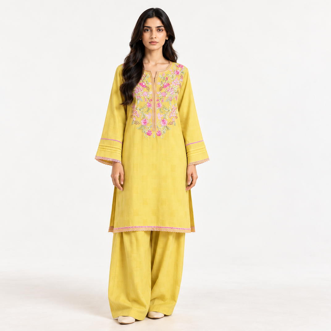 Mustard yellow embroidered two-piece suit, floral yoke kurta with pink detailing and wide pants