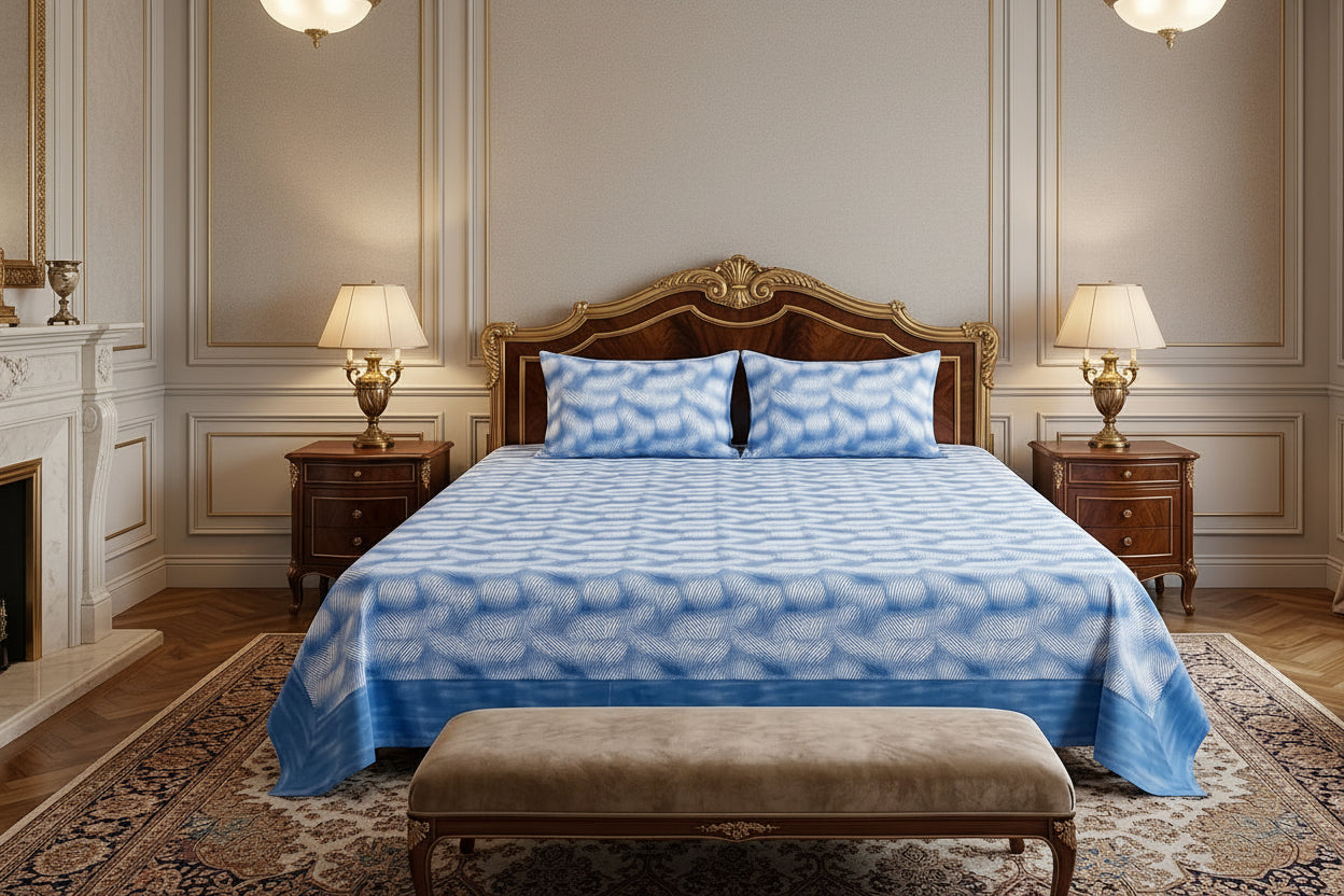 Queen bed sheet set in light blue with cloud-like pattern