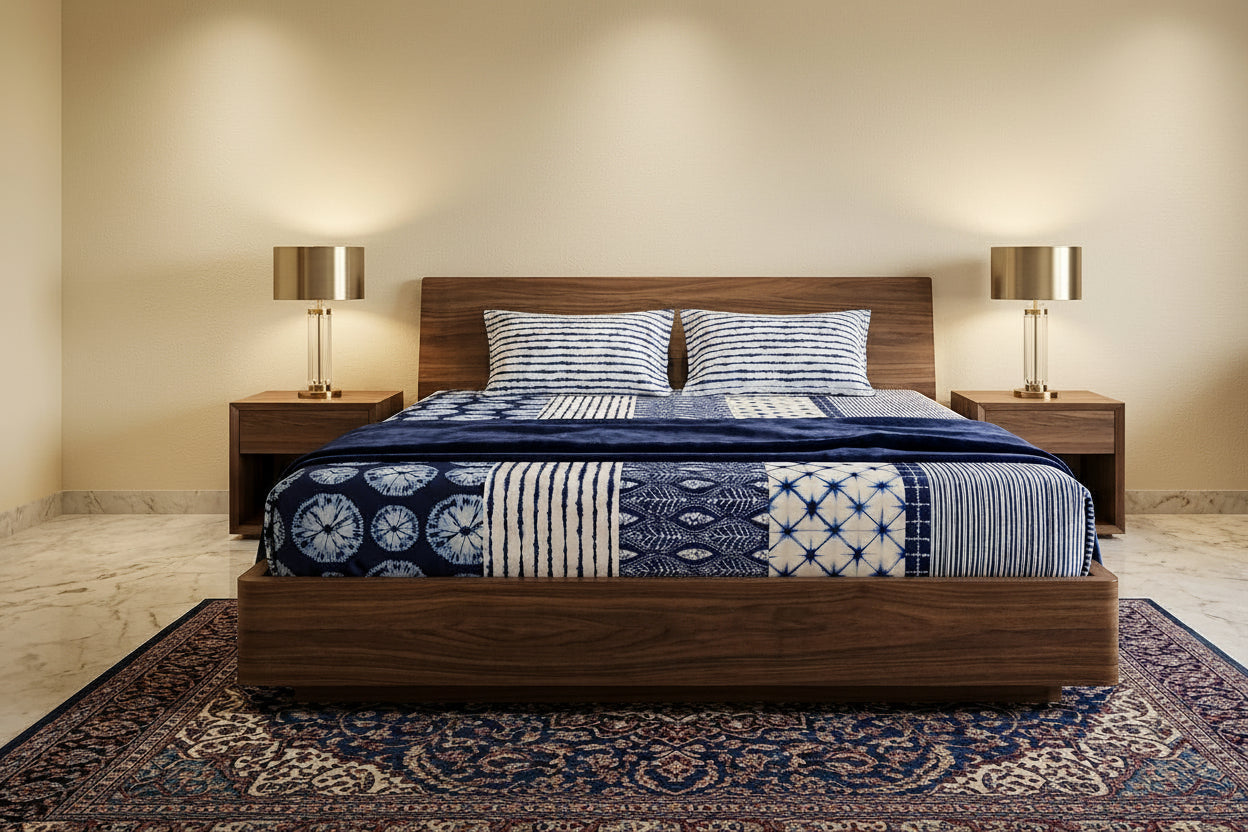 Queen bed sheet set with blue and white geometric pattern, cotton-blend fabric