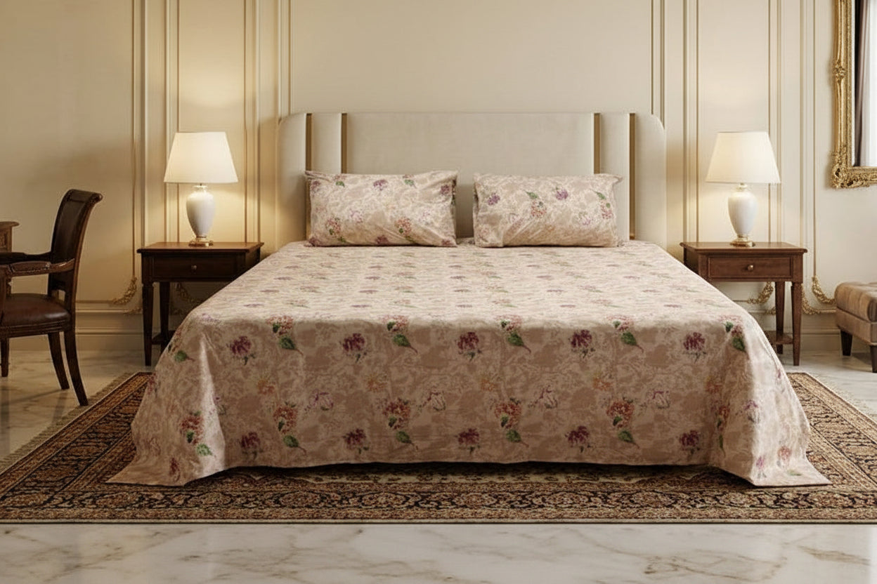 Queen bed sheet with floral print, beige background; 50% cotton and 50% polyester