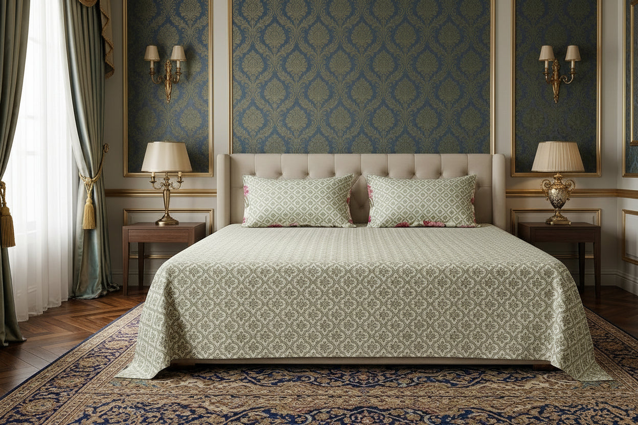 Queen bed sheet set with light beige geometric pattern and cotton-polyester blend