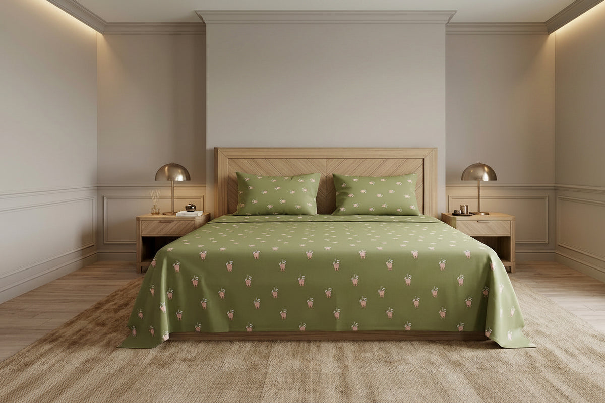 Queen bed sheet set in light green with small floral print, cotton-blend fabric
