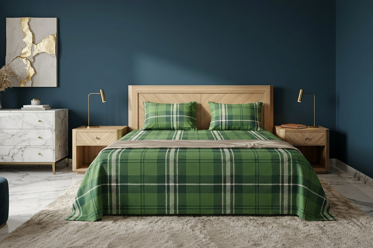 Queen bed sheet set with green and white plaid pattern