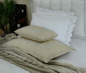 Sand duvet cover set with scalloped embroidered pillow shams and matching pillows