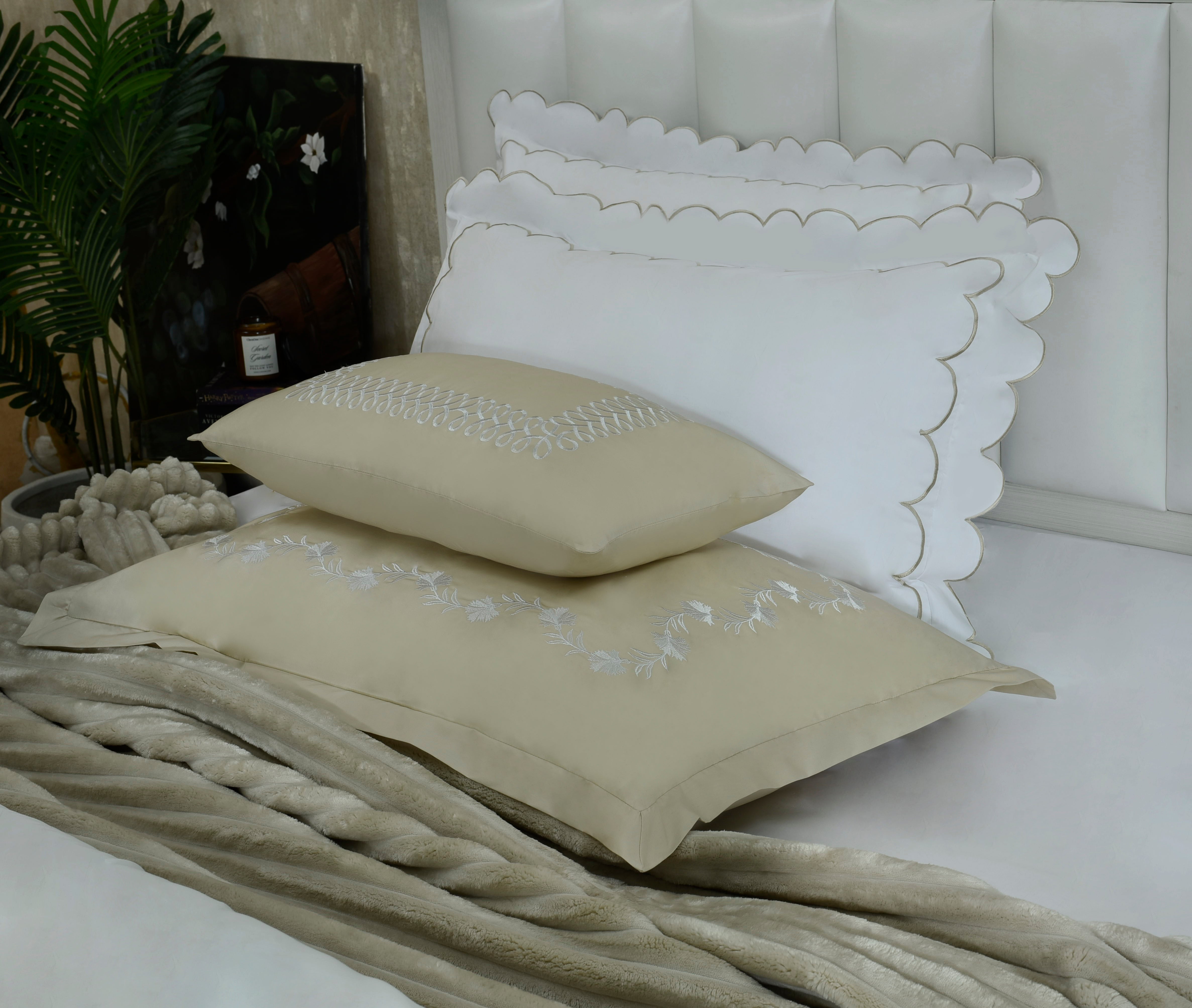 Sand duvet cover set with scalloped embroidered pillow shams and matching pillows
