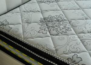 Eurotop spring mattress with floral quilt pattern and stitched top panels