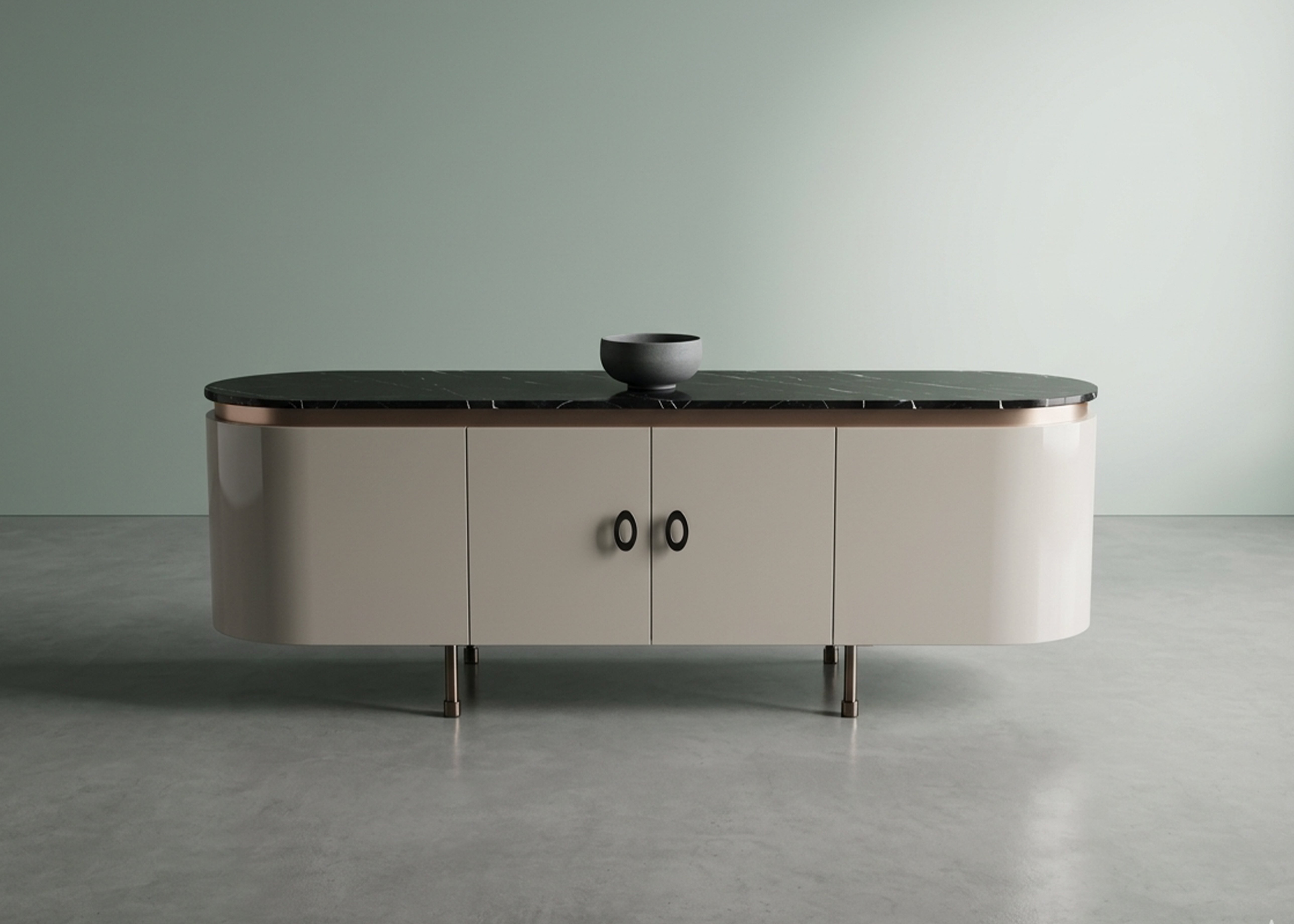 Inlay media console with curved dark top and cabinet doors, two-tone base