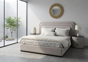 Inlay bed with tufted headboard and rounded side tables, light gray upholstered frame