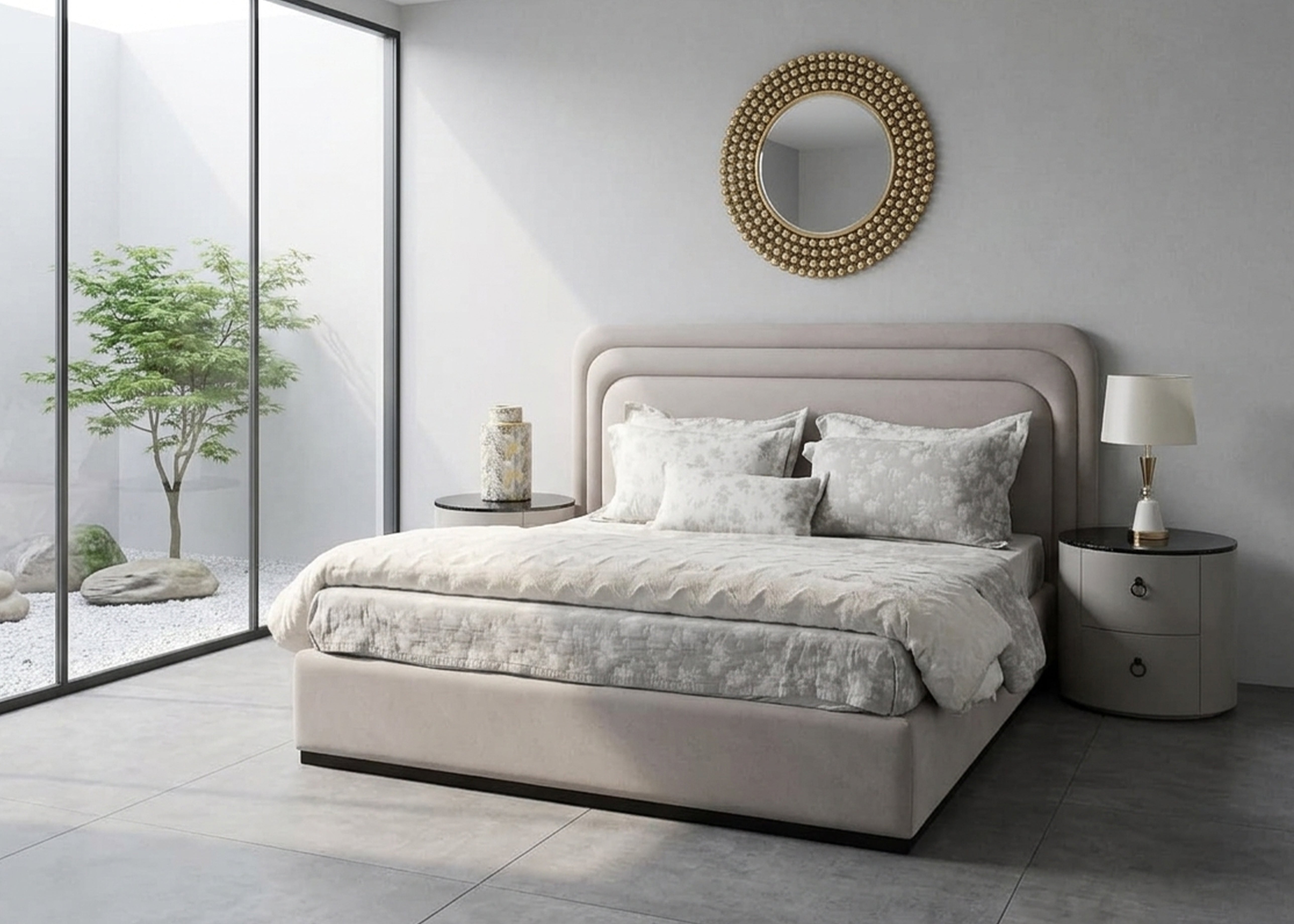 Inlay bed with tufted headboard and rounded side tables, light gray upholstered frame