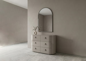 Inlay dresser with six drawers and arched mirror, light gray and white finish