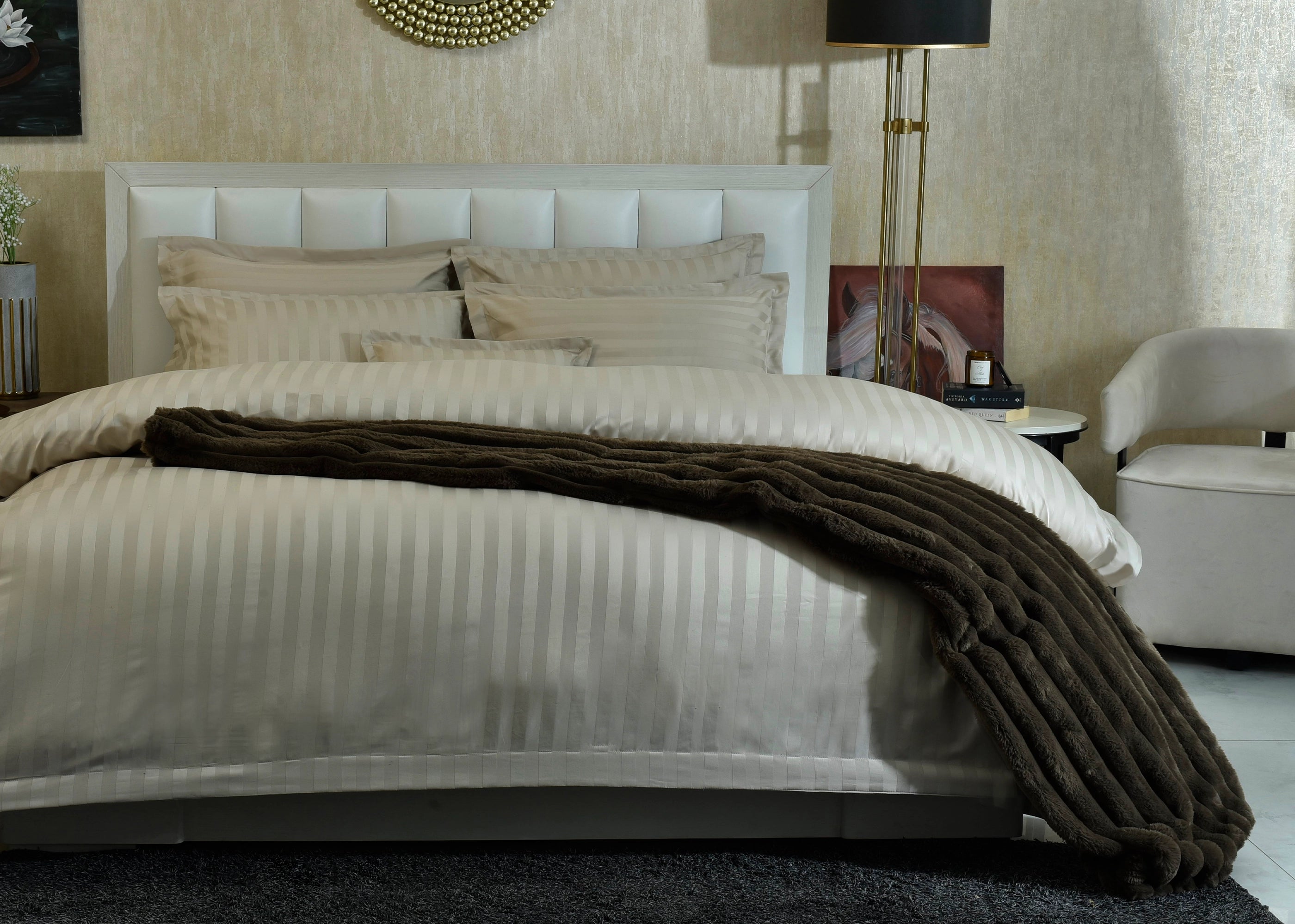 7-piece duvet cover set with light striped duvet and matching pillow shams