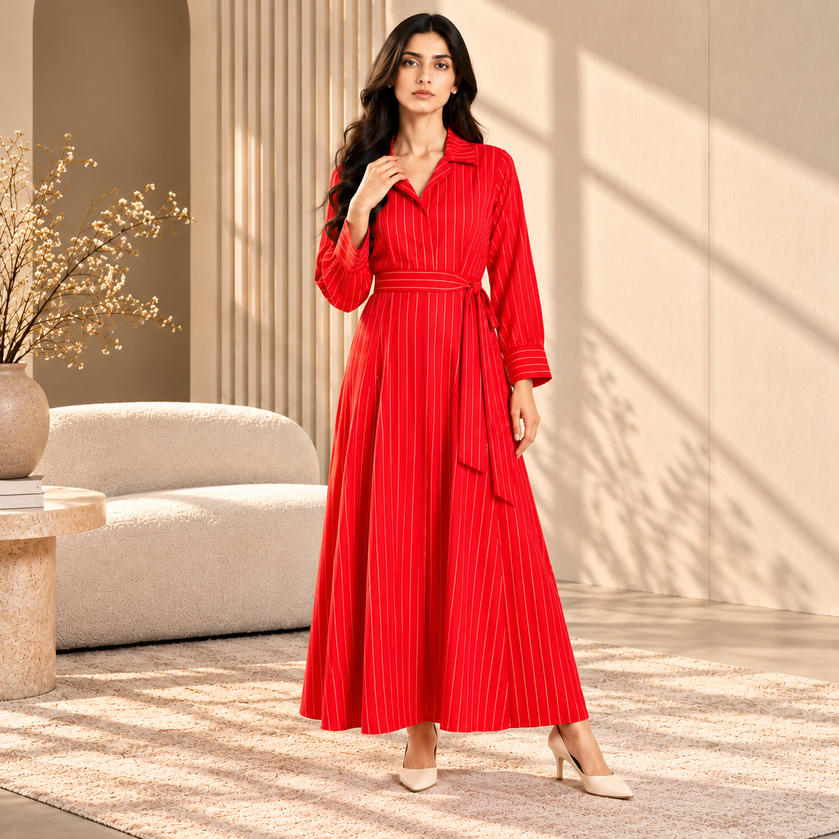 Women's Long Dress Red with white stripes