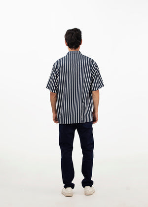 Men's striped short-sleeve button-up shirt with dark vertical stripes, back view