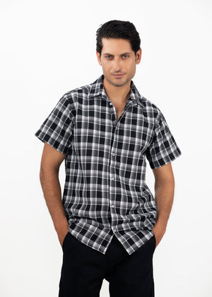Men's black-and-white short-sleeve check button-up shirt, yarn-dyed cotton