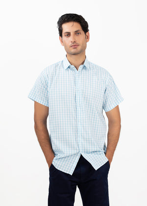 Men's sky-check short-sleeve button-up shirt with collar, front view