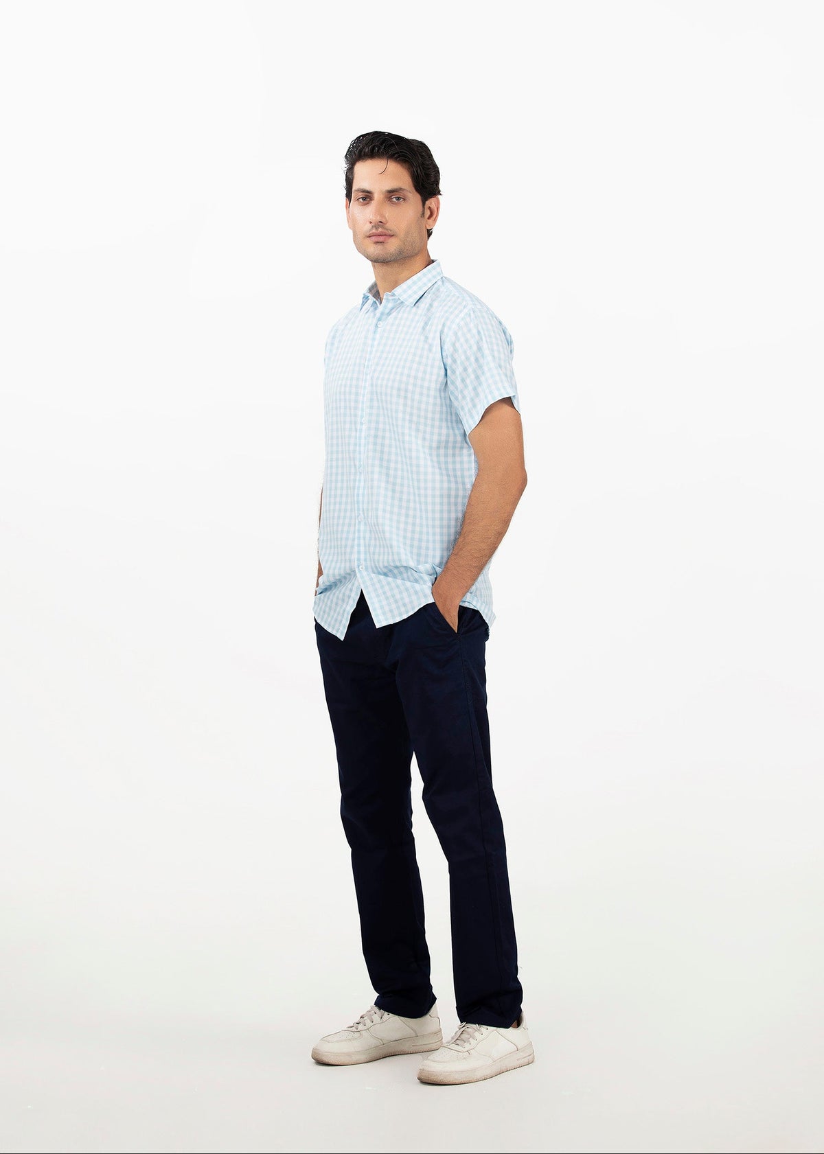 Men's sky-check short-sleeve button-up shirt, side view