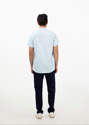 Men's sky-check short-sleeve button-up shirt, back view