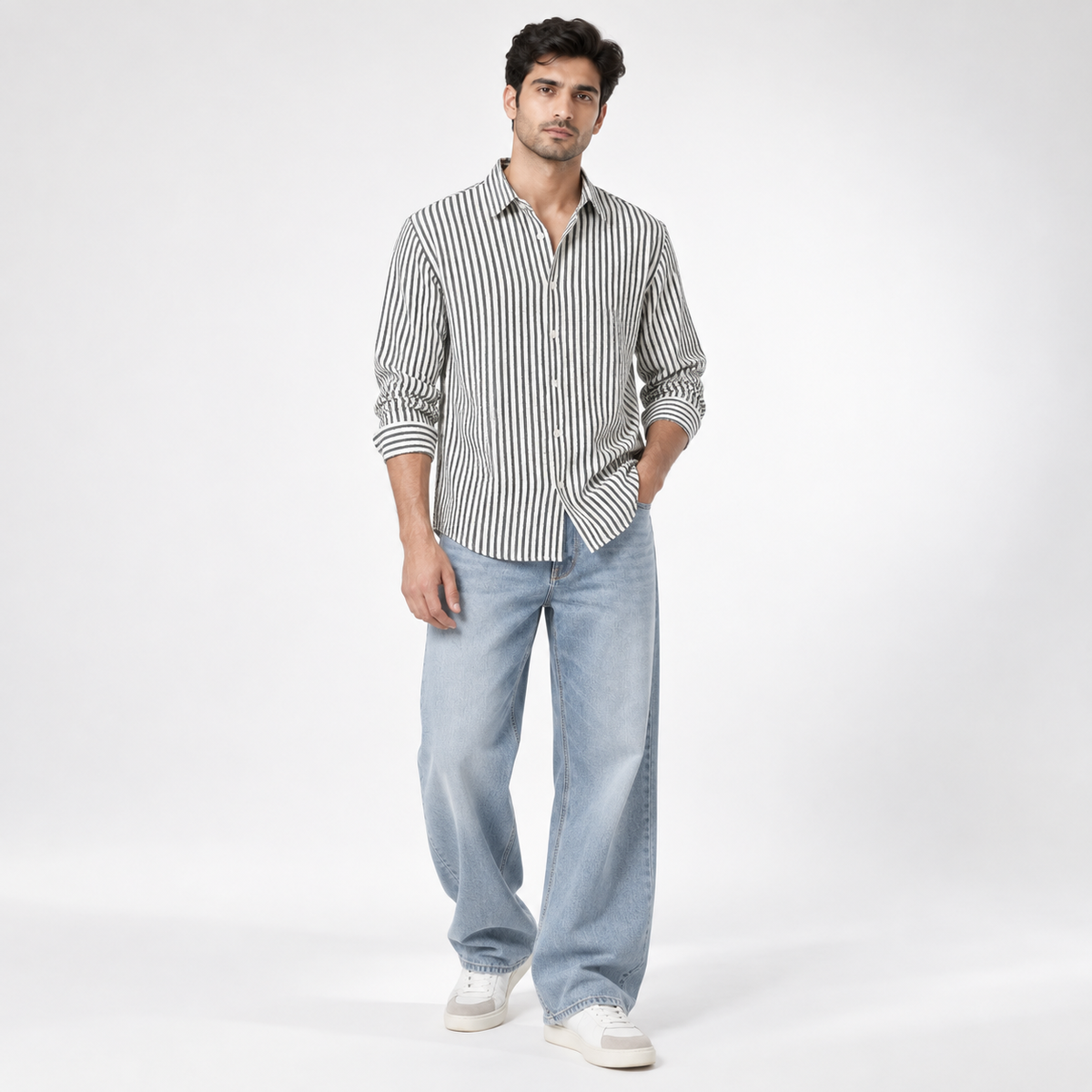 Men's Winter Casual Shirt Grey Stripes