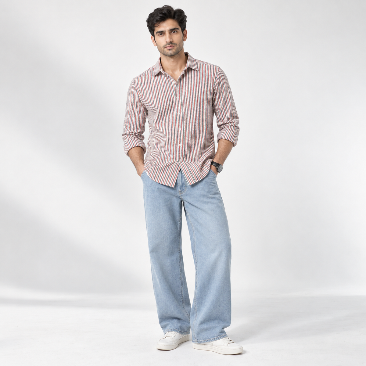 Men's Winter Casual Shirt Red/Grey Stripes