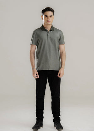 Men's polo shirt, dark gray, front view, short sleeves, button placket, solid knit