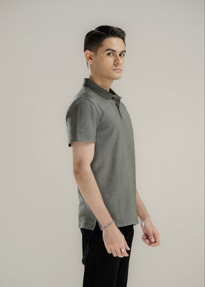 Men's polo shirt, dark gray, side profile, short sleeves and ribbed collar