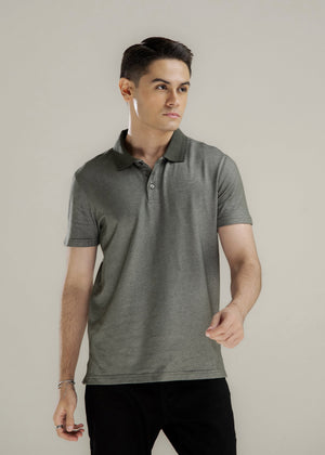Men's polo shirt, dark gray, short sleeves, button placket, solid knit