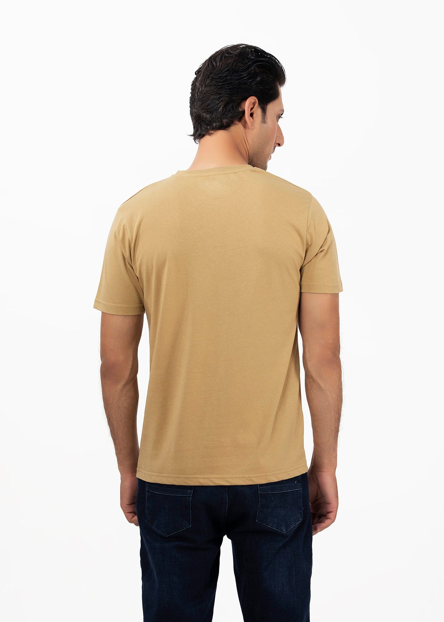 Men's khaki round-neck t-shirt, short sleeves, plain back view