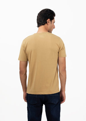Men's khaki round-neck t-shirt, short sleeves, plain back view