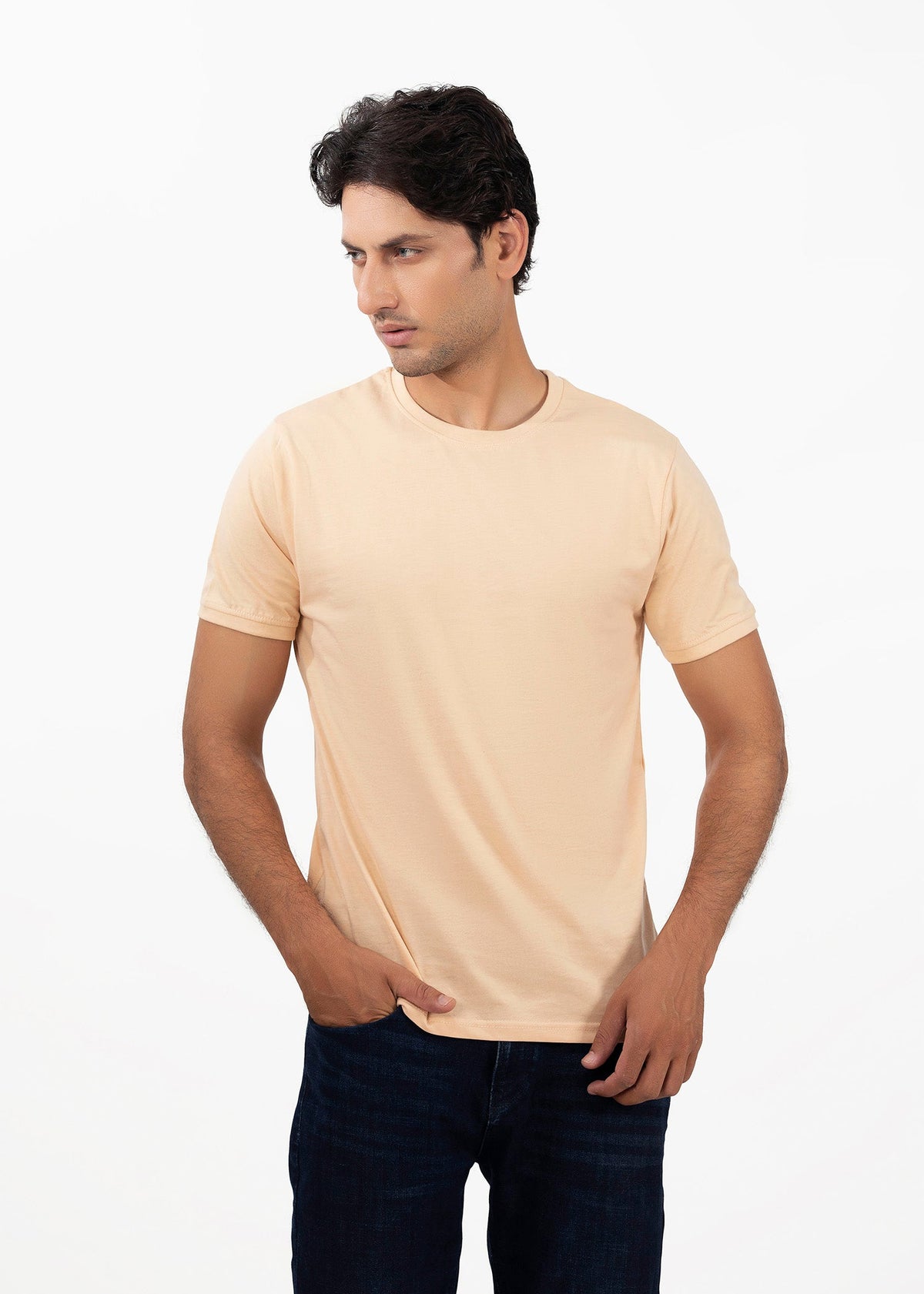 Men's peach crew-neck T-shirt with short sleeves, front view
