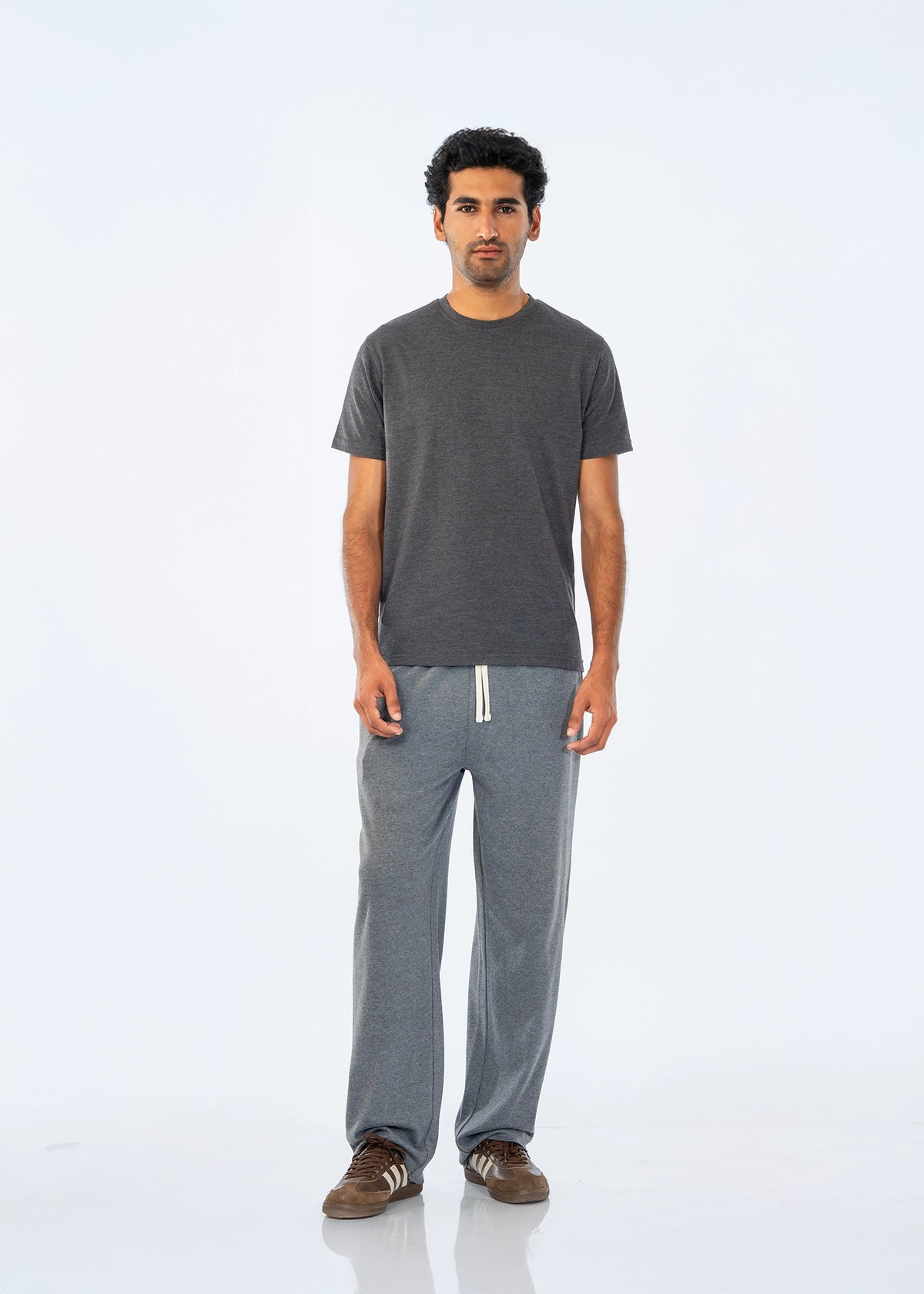 Men's dark grey pull-on trousers, knitted jersey, elastic waist with drawstring