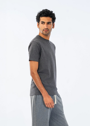 Men's charcoal T-shirt side view with crew neck and short sleeves