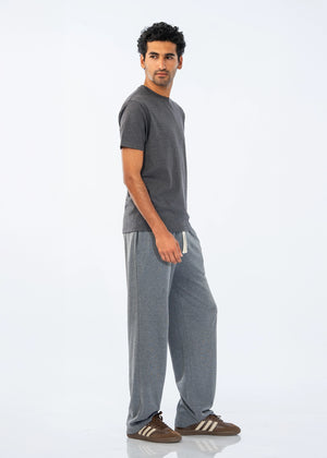 Men's dark grey pull-on trousers, relaxed straight leg, elastic waist