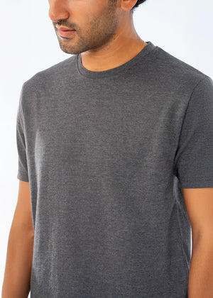 Men's charcoal T-shirt crew neck close-up with short sleeves