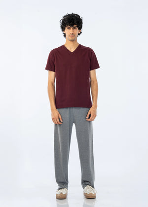 Men's maroon V-neck cotton jersey t-shirt, short sleeves with straight hem