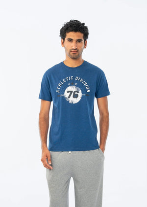 Men's blue crew-neck T-shirt with Athletic Division 76 graphic front
