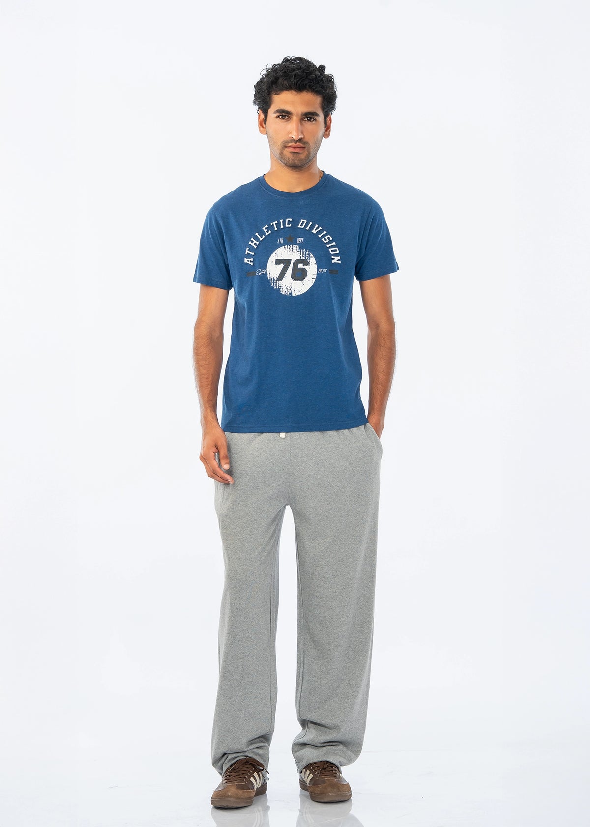 Men's grey pull-on trousers with straight legs, heather knit look