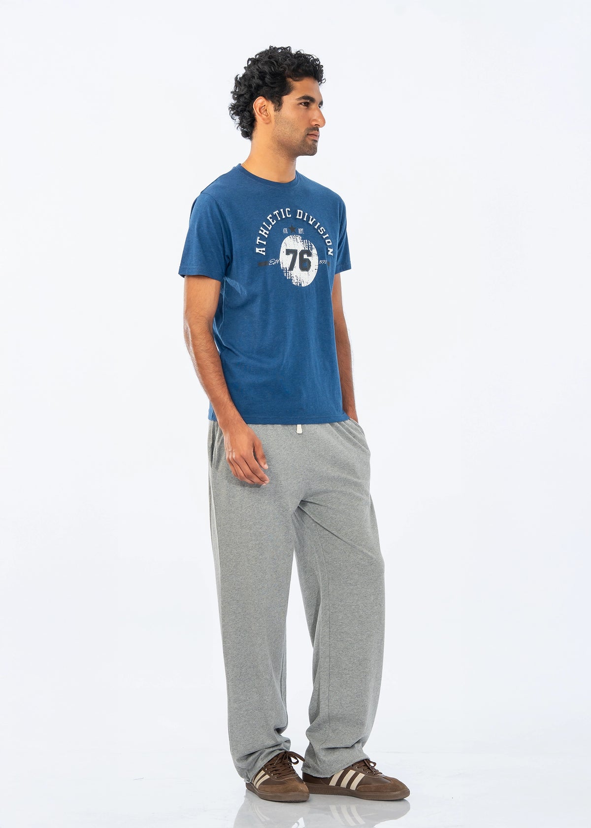 Men's grey pull-on trousers, side view, straight heather knit legs