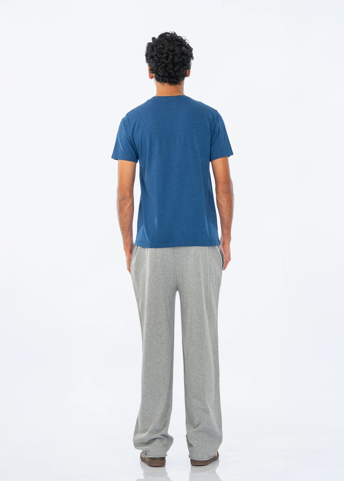 Men's grey pull-on trousers with straight legs, back view