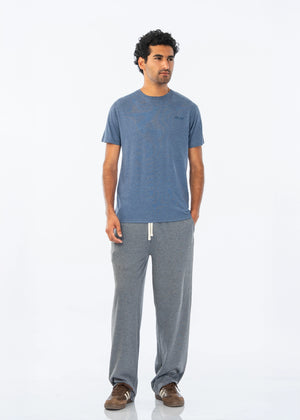 Men's charcoal grey knitted pull-on summer trousers, relaxed straight leg