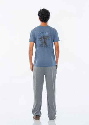 Men's charcoal grey knitted pull-on summer trousers, back view, relaxed straight leg