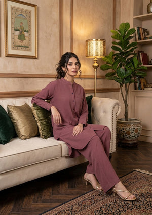 Dusty rose georgette co-ord set: button-front tunic and matching wide-leg trousers