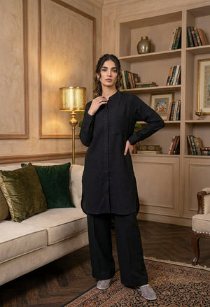 Women’s black georgette 2-piece co-ord: button-front tunic and straight-leg pants
