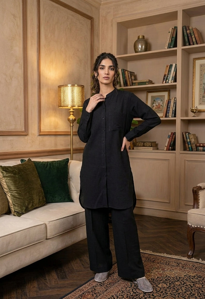 Women’s black georgette 2-piece co-ord: button-front tunic and straight-leg pants