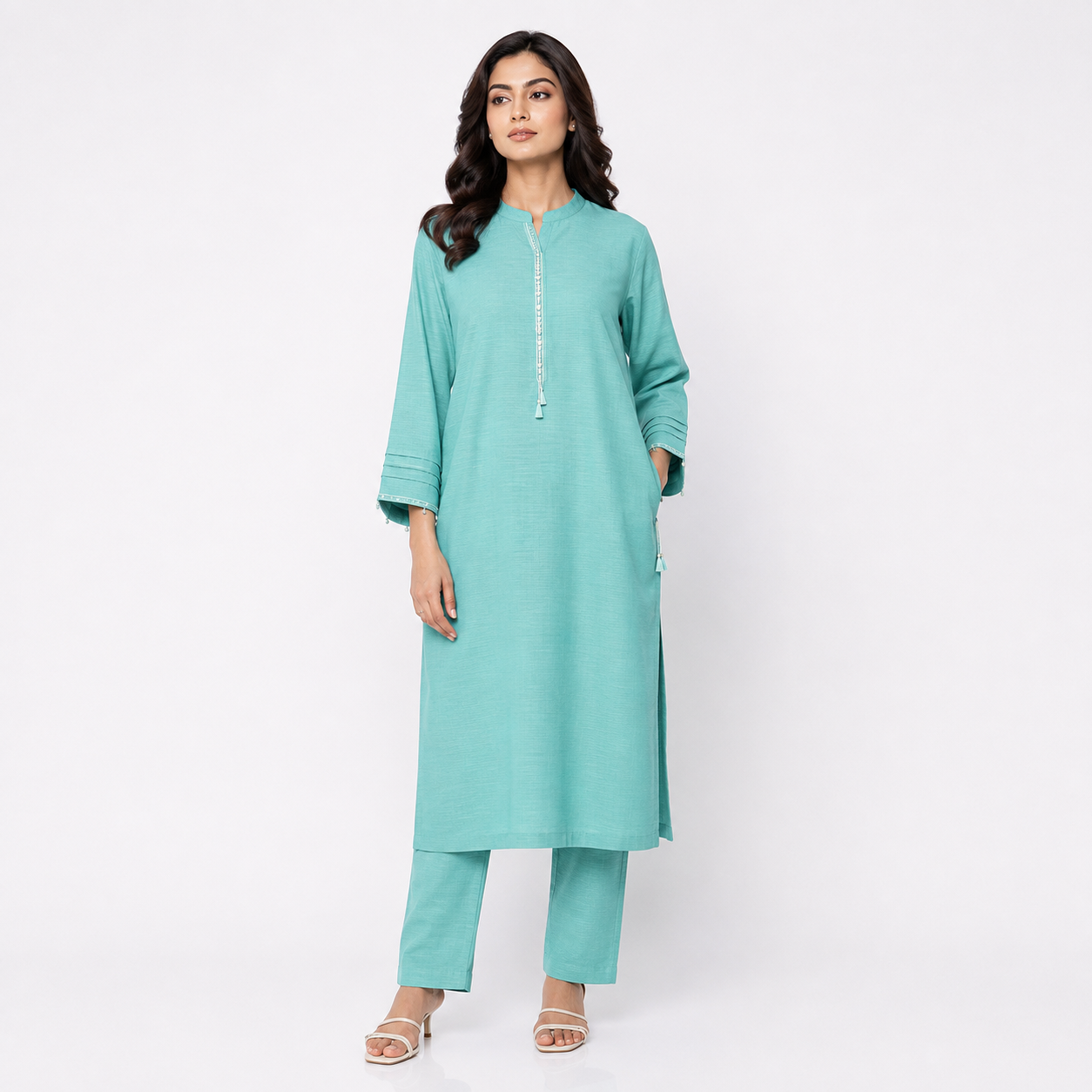 Women's teal green 2-piece summer suit, tunic with half-button placket and matching pants